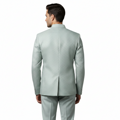 Signature Textured Geometric Pattern Bandhgala Suit - Mint Green