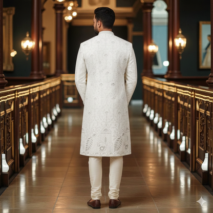 Men’s Elite Hand-Crafted Beige Majestic Procession Heritage Luxury Sherwani.