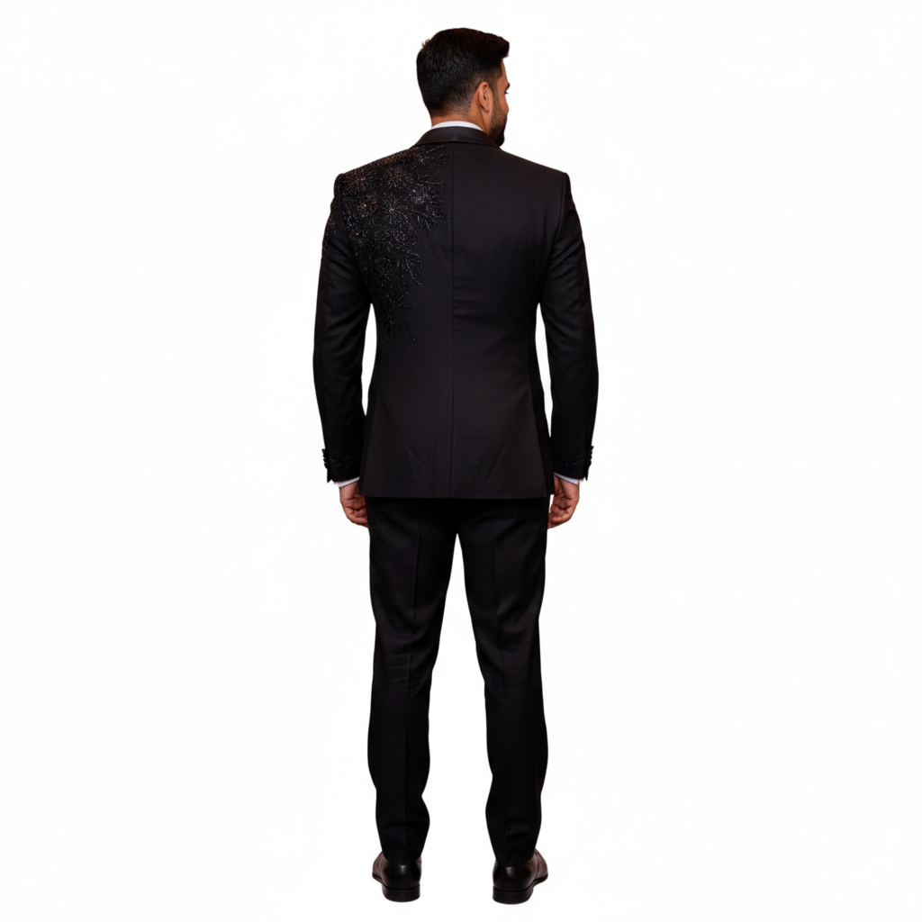 Men’s Elite Hand-Crafted Midnight Black Floral-Embellished 3-Piece Statement Tuxedo