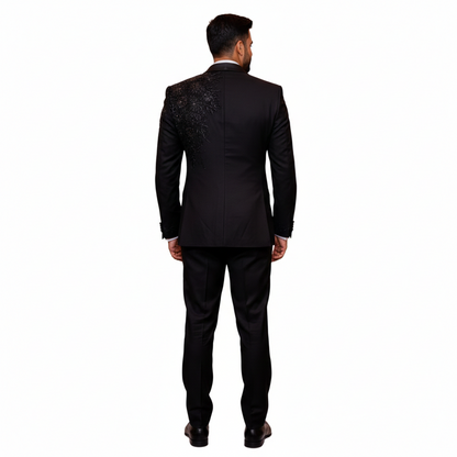 Men’s Elite Hand-Crafted Midnight Black Floral-Embellished 3-Piece Statement Tuxedo