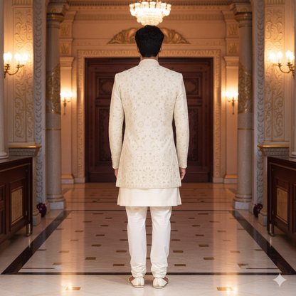 Men’s Elite Hand-Crafted Beige Royal Heritage Floral-Embroidered Luxury Wedding Sherwani.