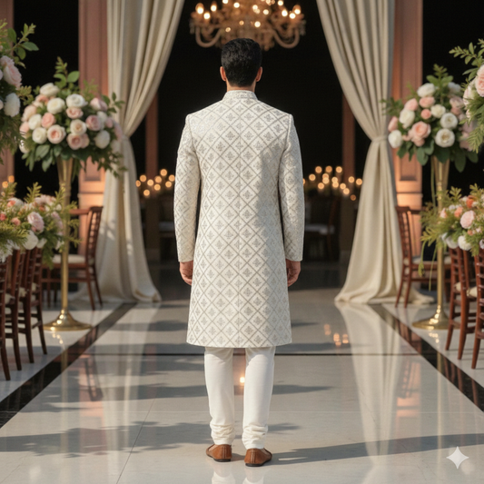 Here are the professional details for the Off-White/Ivory Sherwani featuring a silver-metallic geometric diamond-grid pattern: