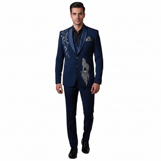 Rich Royal Navy Blue with Silver-Grey Metallic Embroidery 3-Piece Designer Tuxedo.