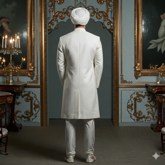 Men’s Elite Hand-Crafted Ivory & Silver Diamond-Grid Heritage Luxury Sherwani.