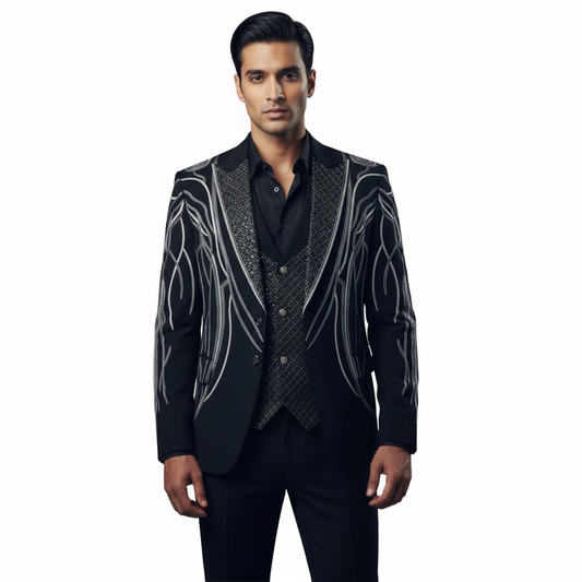Men’s Jet Black with High-Contrast Silver-Grey Contoured Embroidery 3-Piece Linear Tuxedo.