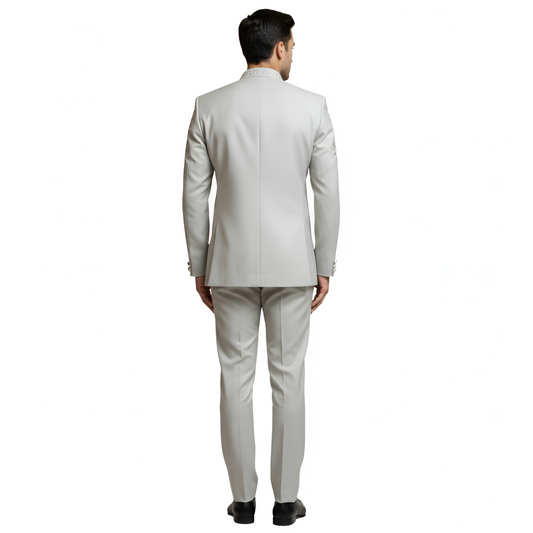 Bespoke Celestial Heritage Bandhgala Suit with Hand-Embroidered Ivory Floral Appliqué — Light Grey