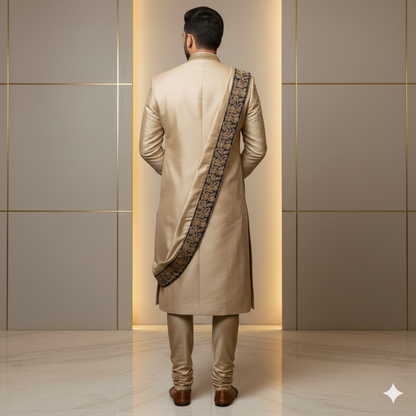 Men's Premium Off-white / light beige Indo-Western Set – Designer Hand-Embroidered Fusion Wear