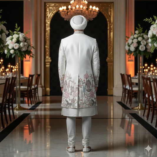 Men’s Elite Hand-Crafted Ivory Heritage Wildlife & Palace Scene Luxury Sherwani.