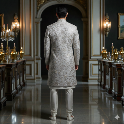 Men’s Elite Hand-Crafted Ivory Frost Metallic Floral Heritage Luxury Sherwani.