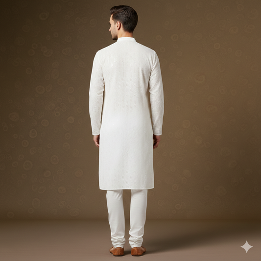 Men's Pristine White Self-Design Sequin Embroidered Silk Blend Kurta