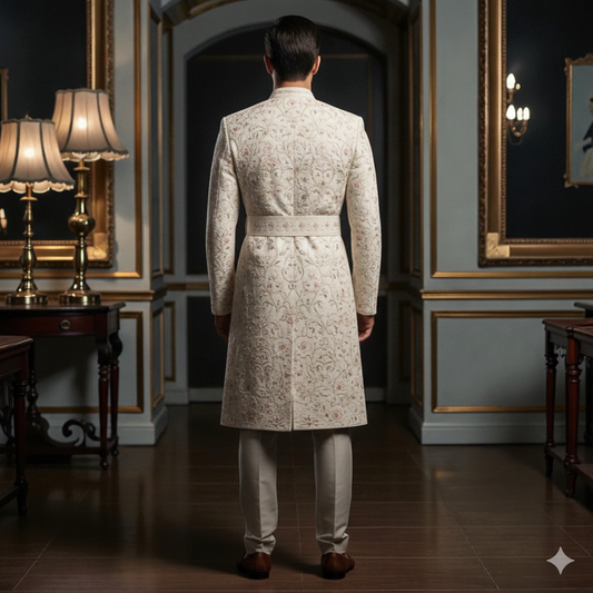 Men’s Elite Hand-Crafted Cream Beige Royal Architectural Belted Luxury Sherwani.