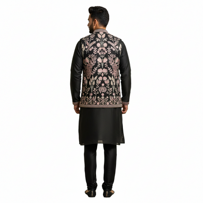 The Estate Midnight Botanical Indo-Western Koti Set — Jet Black