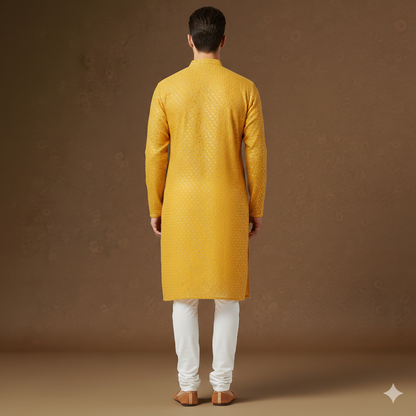 Men's Mustard Yellow Intricate Sequin Embroidered Silk Blend Kurta with Mandarin Collar