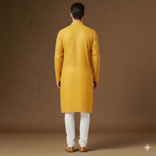 Men's Mustard Yellow Intricate Sequin Embroidered Silk Blend Kurta with Mandarin Collar