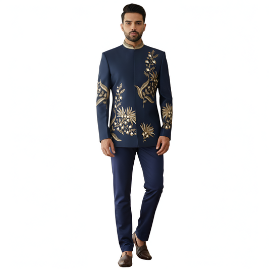 Bespoke Artisan-Embroidered Imperial Bandhgala Suit with Golden Floral Vine Craftsmanship