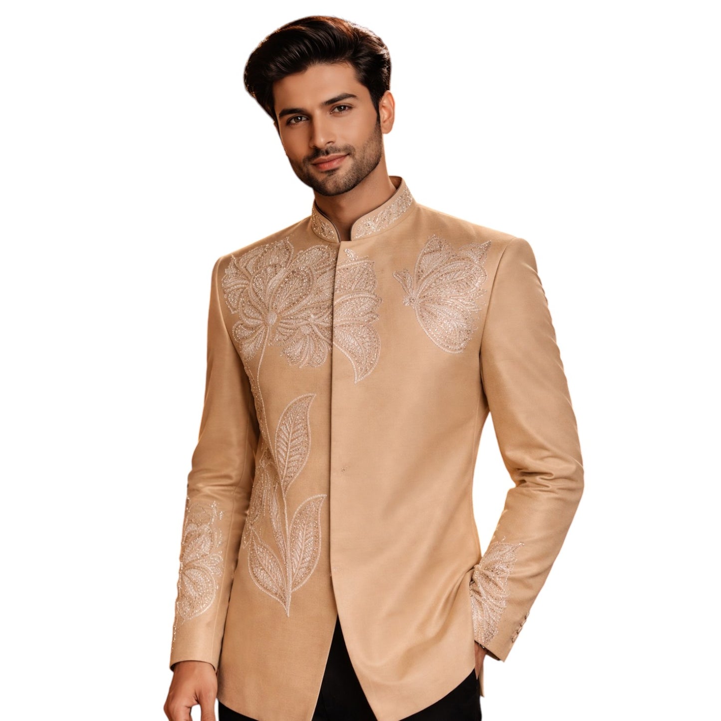 Exquisite Ivory Floral-Embroidered Heritage Jodhpuri Bandhgala