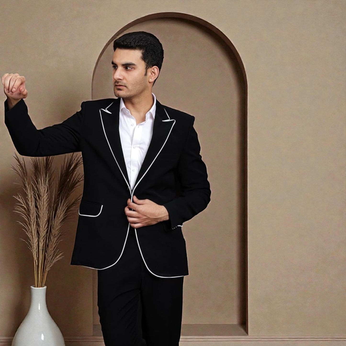Men's Slim Fit Deep Onyx Black Blazer with White Contrast Piping (2-Piece Set)