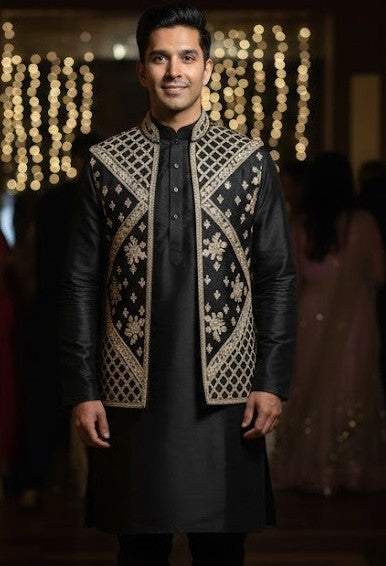 Men's Designer Black Kurta Koti Set – Hand-Embroidered  Ethnic Wear