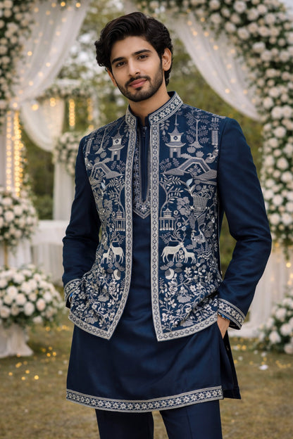 Men's Designer Navy Blue  Kurta Koti Set – Hand-Embroidered  Ethnic Wear