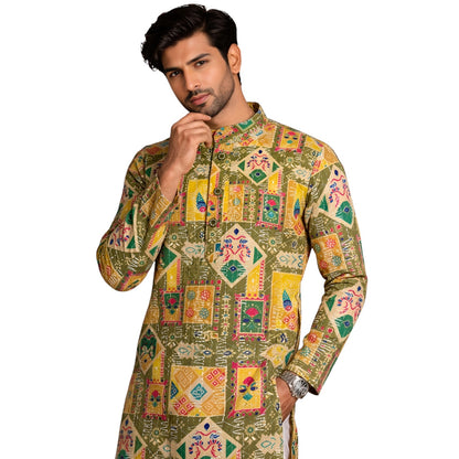Men's Mustard Yellow & Olive Green Geometric Printed Cotton Kurta
