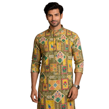 Men's Mustard Yellow & Olive Green Geometric Printed Cotton Kurta