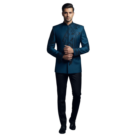 Men's Designer Midnight Teal Designer Embellished Indo-Western Bandhgala Suit