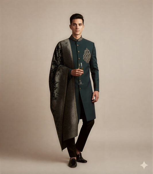 Men's Premium Teal Indo-Western Set – Designer Hand-Embroidered Fusion Wear