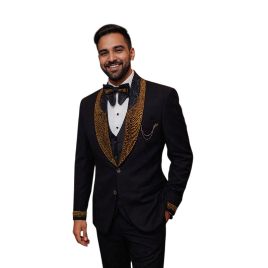Men’s Elite Hand-Crafted Gilded Heritage Black & Gold 3-Piece Designer Statement Tuxedo.