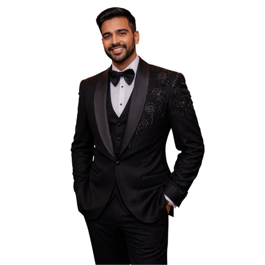 Men’s Elite Hand-Crafted Midnight Black Floral-Embellished 3-Piece Statement Tuxedo