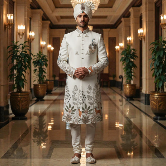 Men’s Elite Hand-Crafted Ivory Royal Wilderness Heritage Embroidered Luxury Sherwani.