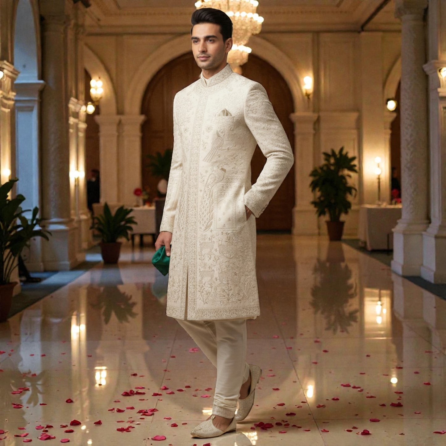 Men’s Elite Hand-Crafted Ivory Heritage Peacock & Nature-Embroidered Luxury Wedding Sherwani.