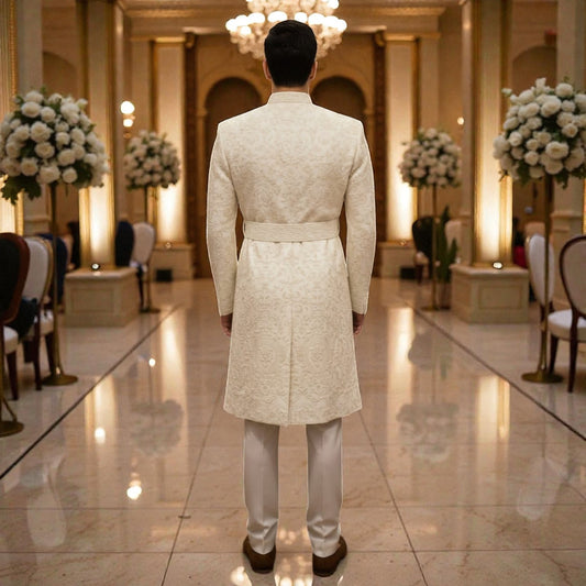 Men’s Elite Hand-Crafted Midnight Black Botanical & Wolf Motif Luxury Indo-Western Sherwani Set.