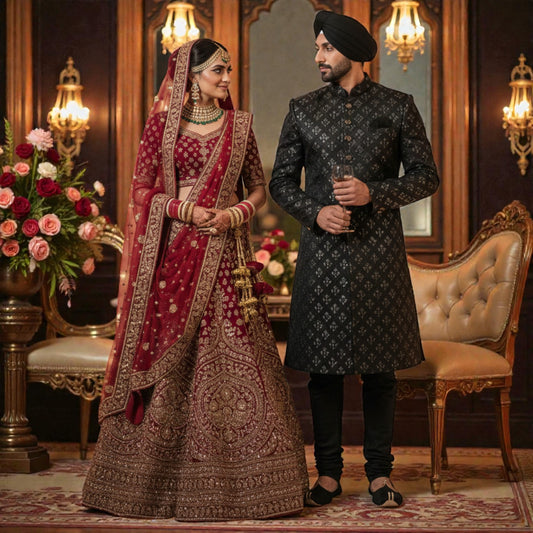 Men’s Elite Hand-Crafted Midnight Black Geometric Diamond Heritage Luxury Sherwani.