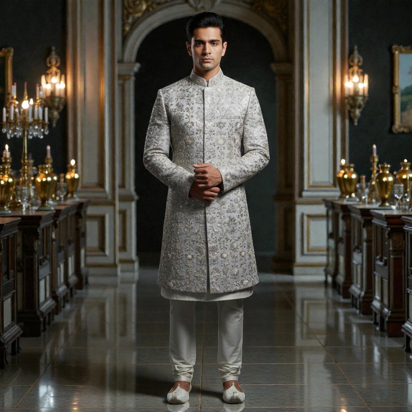 Men’s Elite Hand-Crafted Ivory Frost Metallic Floral Heritage Luxury Sherwani.