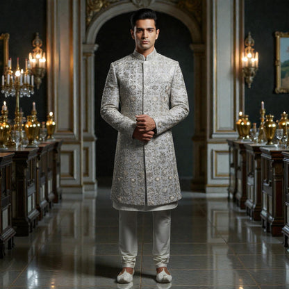 Men’s Elite Hand-Crafted Ivory Frost Metallic Floral Heritage Luxury Sherwani.