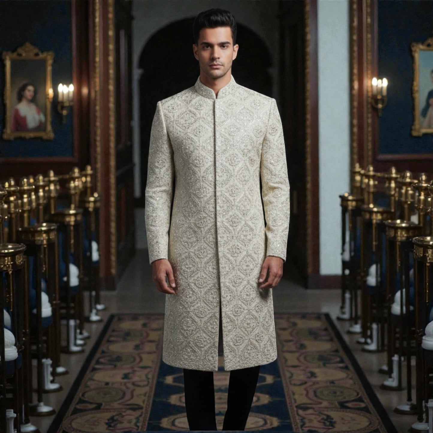 Men’s Elite Hand-Crafted Beige Radiant Diamond-Lattice Heritage Luxury Sherwani.