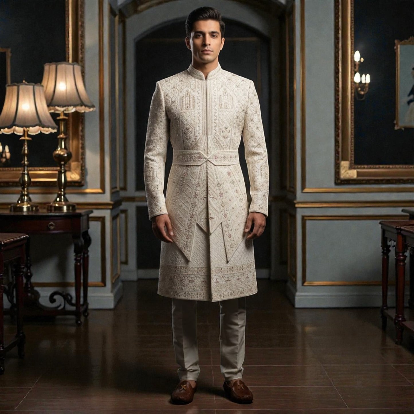 Men’s Elite Hand-Crafted Cream Beige Royal Architectural Belted Luxury Sherwani.