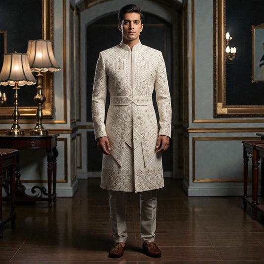 Men’s Elite Hand-Crafted Cream Beige Royal Architectural Belted Luxury Sherwani.