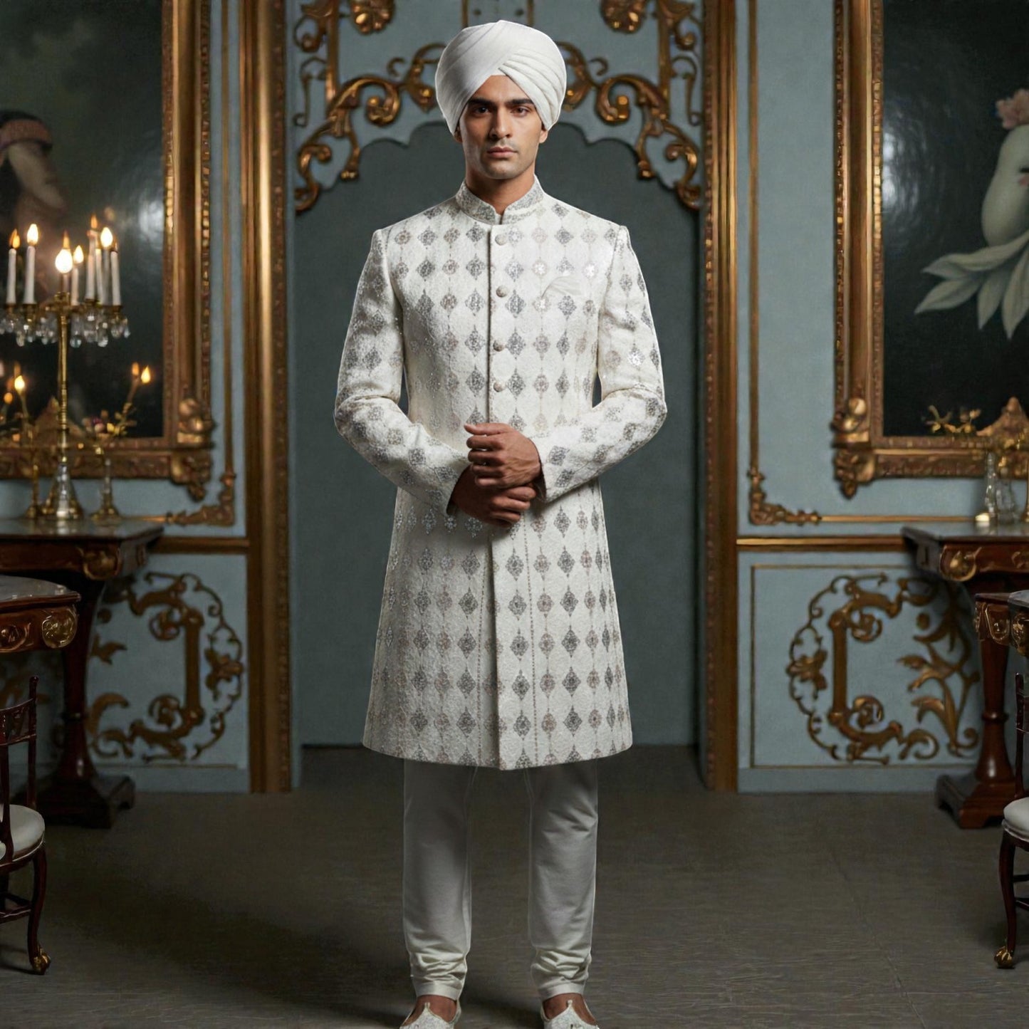 Men’s Elite Hand-Crafted Ivory & Silver Diamond-Grid Heritage Luxury Sherwani.