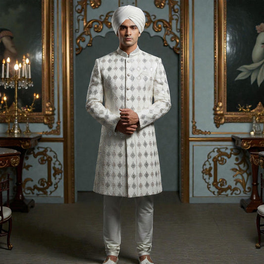 Men’s Elite Hand-Crafted Ivory & Silver Diamond-Grid Heritage Luxury Sherwani.