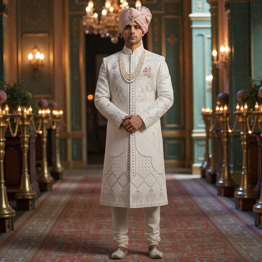 Men’s Elite Hand-Crafted Ivory Majestic Palace Heritage Luxury Sherwani.