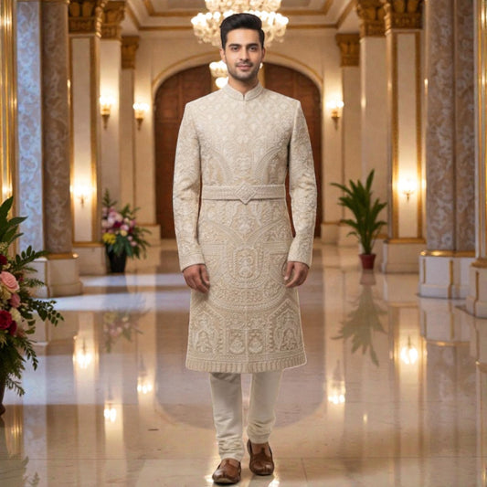 Men’s Elite Hand-Crafted Ivory Royal Heritage Belted Luxury Sherwani.