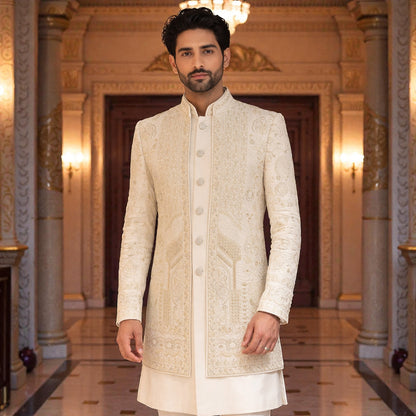 Men’s Elite Hand-Crafted Beige Royal Heritage Floral-Embroidered Luxury Wedding Sherwani.