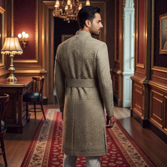 Men’s Elite Hand-Crafted Sage Green & Dusty Gold Heritage Belted Luxury Sherwani.