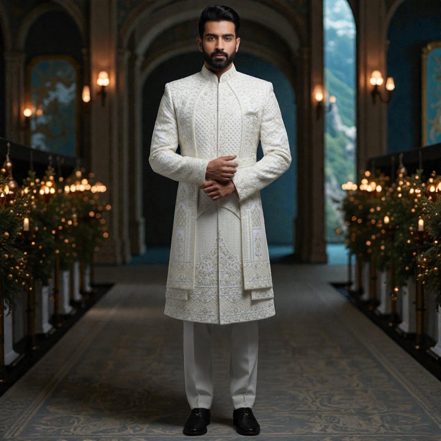 Men’s Elite Hand-Crafted Beige Layered Architectural Heritage Luxury Sherwani.