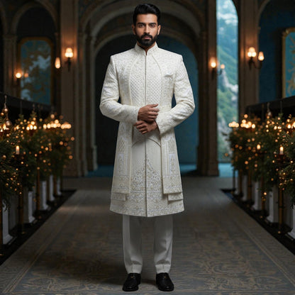Men’s Elite Hand-Crafted Beige Layered Architectural Heritage Luxury Sherwani.