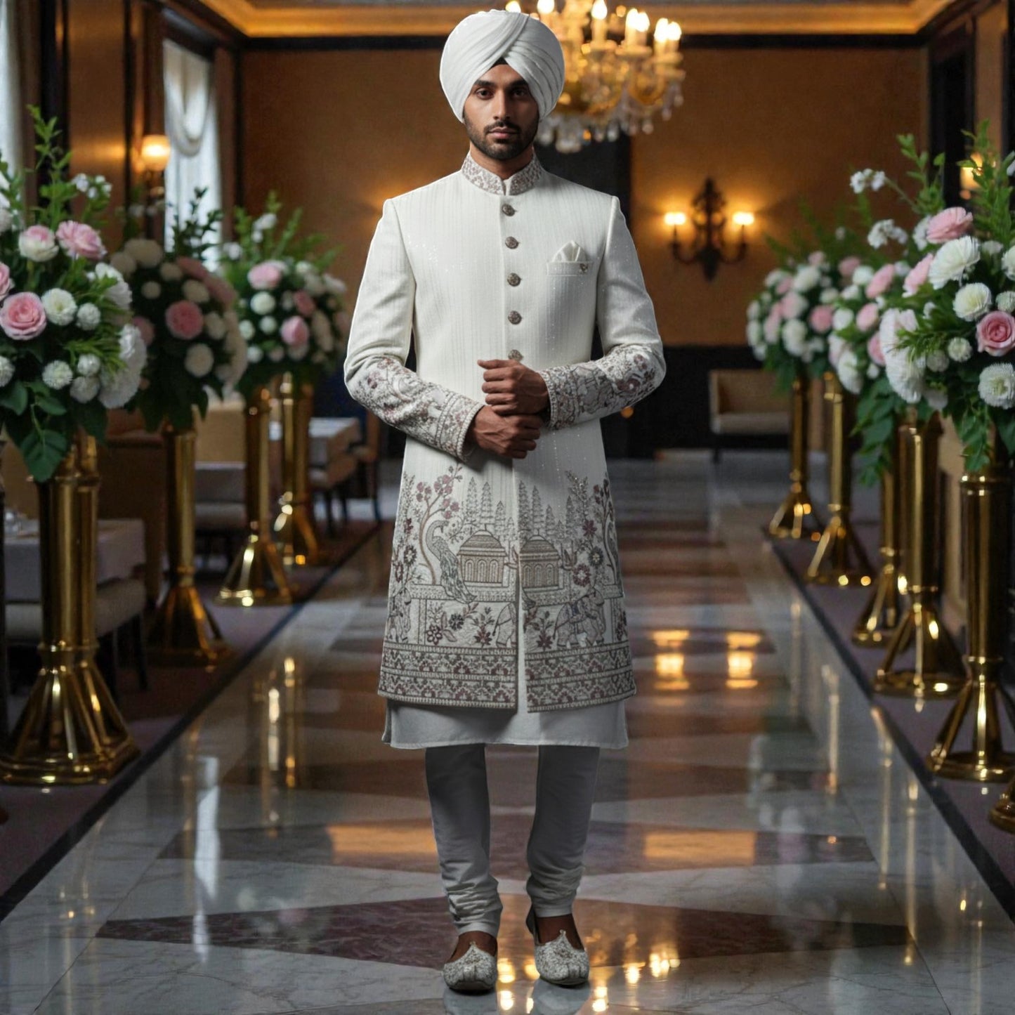 Men’s Elite Hand-Crafted Ivory Heritage Wildlife & Palace Scene Luxury Sherwani.
