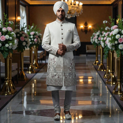 Men’s Elite Hand-Crafted Ivory Heritage Wildlife & Palace Scene Luxury Sherwani.