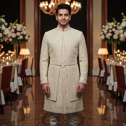 Men’s Elite Hand-Crafted Beige Majestic Procession Heritage Luxury Sherwani.