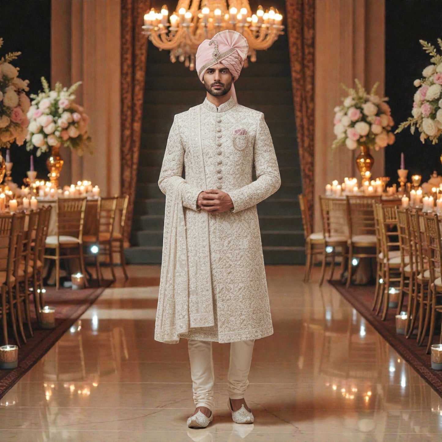 Men’s Elite Hand-Crafted Ivory Frost Heritage Floral-Embroidered Luxury Wedding Sherwani.